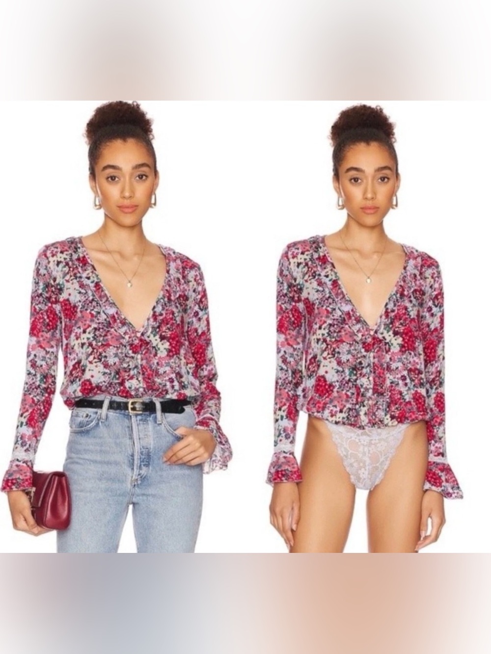 Free People Heat Wave Bodysuit Rose Garden Floral Long bell sleeve Sz S
